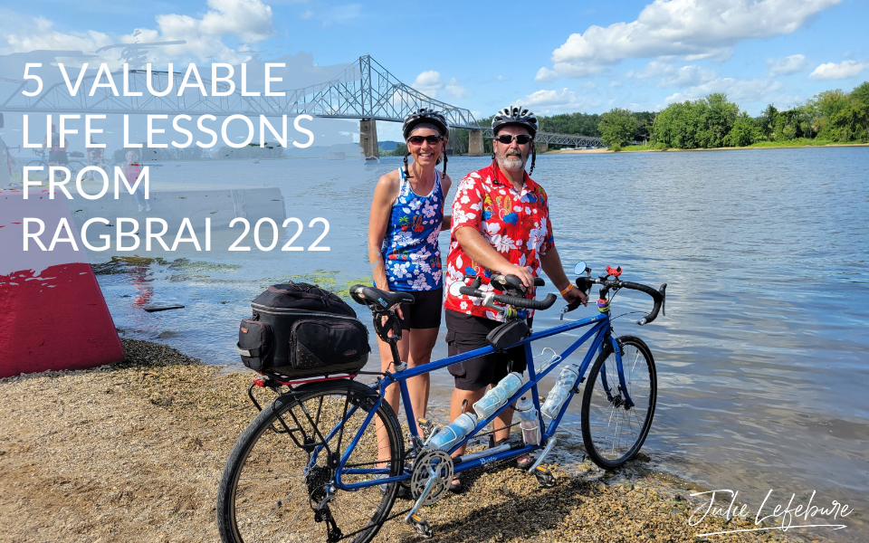 5 Valuable Life Lessons from RAGBRAI 2022 | Bill and Julie with tandem next to Mississippi River