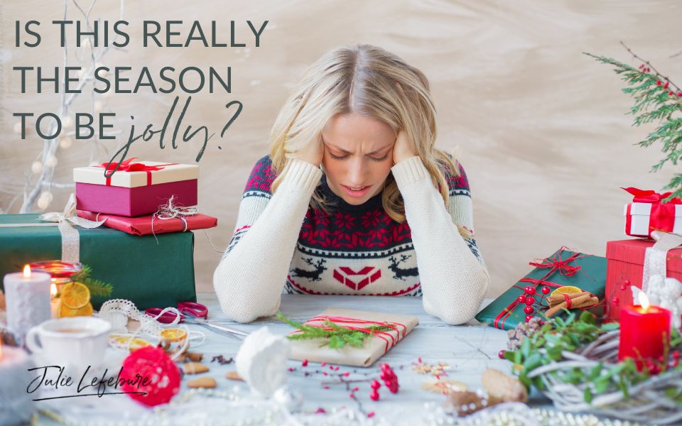 Is This Really the Season to Be Jolly? | woman wrapping Christmas gifts with head in hands looking frustrated