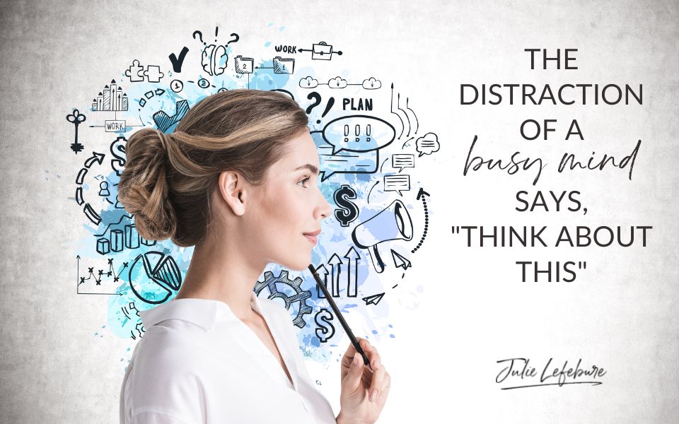 The Distraction of a Busy Mind Says, "Think About This" | woman side profile in white blouse with pencil to chin, thinking with images of thoughts swirling around her head