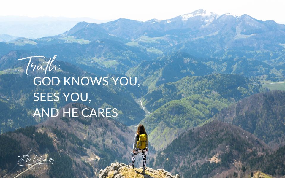 Truth: God Knows You, Sees You, and He Cares | woman with yellow backpack standing on mountain edge looking at mountain range