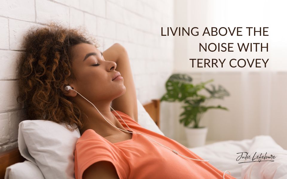Living Above the Noise with Terry Covey | woman in orange shirt reclining on a pillow relaxing with ear buds in ears