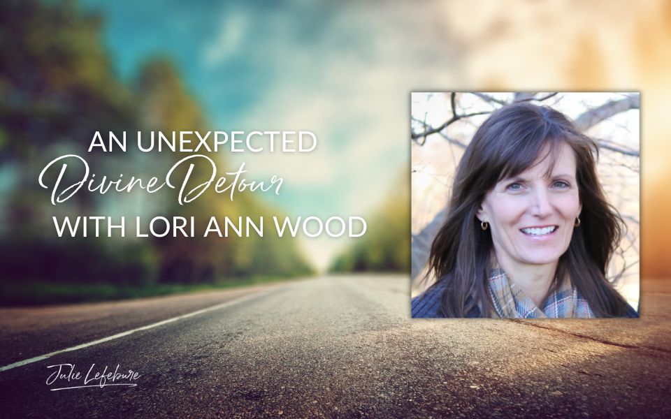 An Unexpected Divine Detour with Lori Ann Wood, photo of Lori Ann Wood over a road lined with faded green trees and muted clouds above